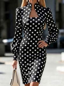 Gaun Wanita Musim Gugur Elegan Motif Titik Lengan Gelembung - Hitam - View 3