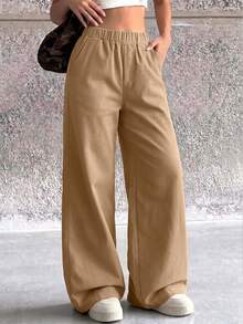 1pc Teen Girls Minimalist Loose Outdoor Sports Workout Personalized Solid Color Straight Leg Long Pants, Suitable For Spring/Summer/Autumn/Winter, Back To School - Khaki - View 1