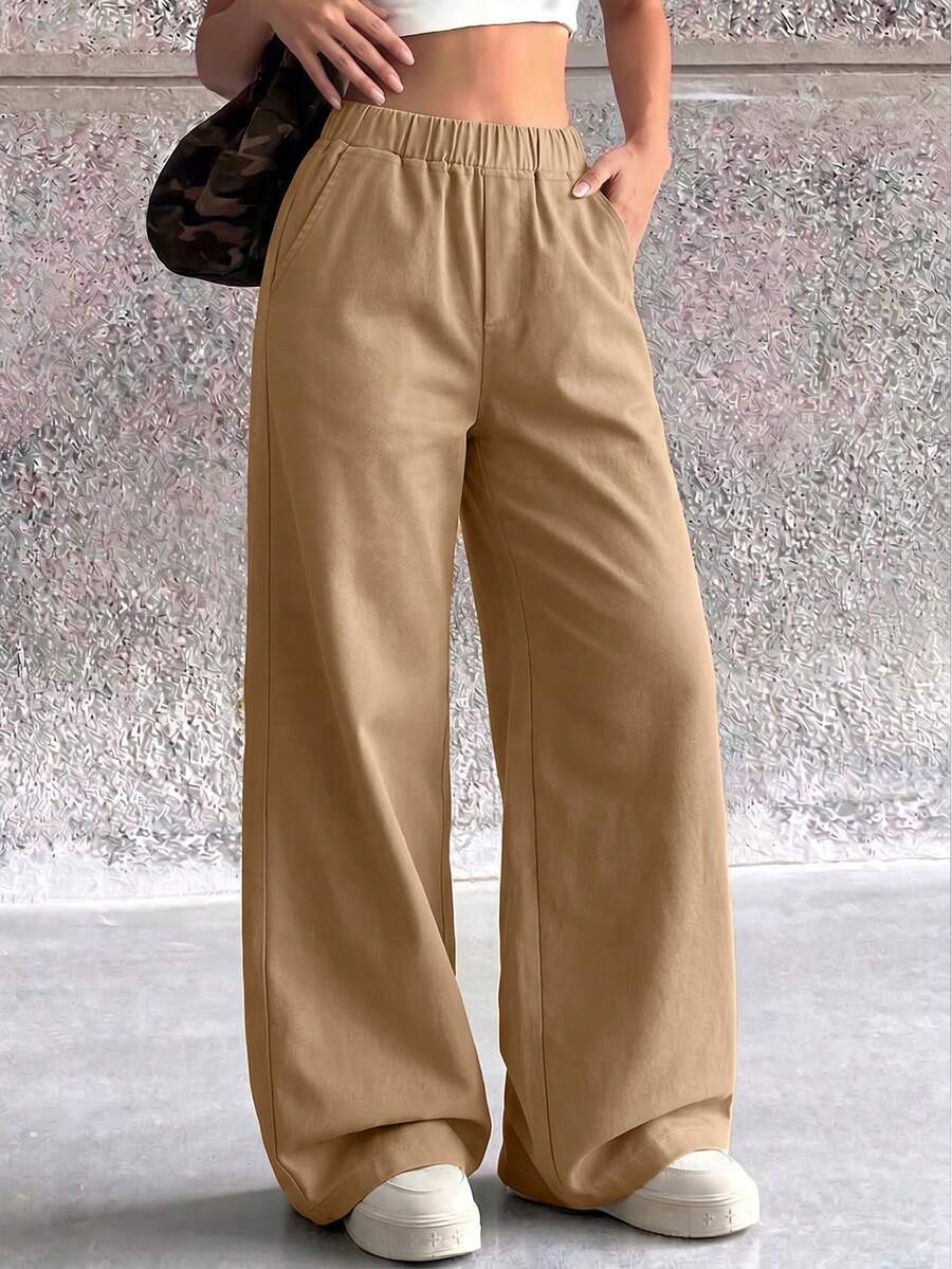 1pc Teen Girls Minimalist Loose Outdoor Sports Workout Personalized Solid Color Straight Leg Long Pants, Suitable For Spring/Summer/Autumn/Winter, Back To School - Khaki - View 1