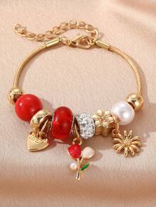 NAIZHU 1/3pcs Kids Fashion Gold Luxury Flower Strawberry Heart Pendant Bracelet Suitable For Daily Wear And Party - Red - View 8