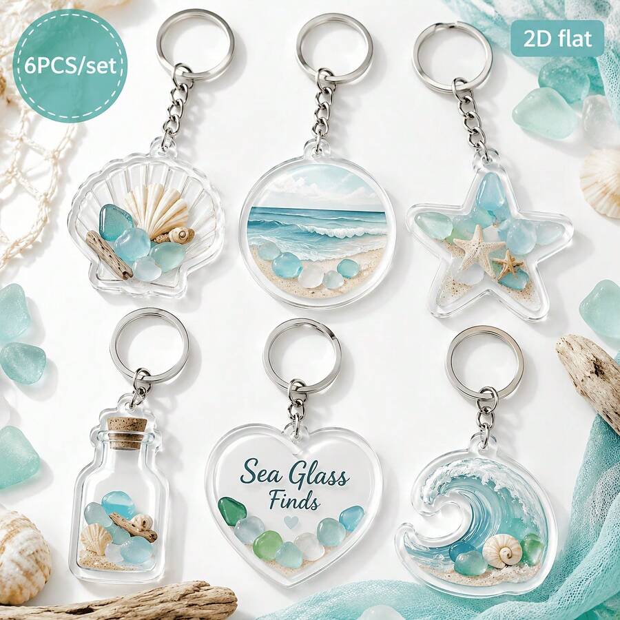 2D Flat - 6pcs Transparent Acrylic Beach Theme Keychains, Sea Glass, Starfish, Wave, Shell Souvenir Gifts, For Holiday Gifts, Friends, Family, Classmates, Best Gift, Travel Souvenirs, Backpack Keychains, Wedding Favors, Women's Keychains, Birthday Party Small Gifts, Bag Charms, Keychains, Gifts For Boyfriend - View 1