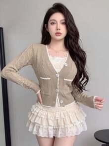 2026 Preppy Cable Knit V-Neck Contrast Color Cardigan, Anti-Aging Style Knitwear, Spring/Autumn Daily Campus Commute, Stretchy Knit Fabric Slimming Cardigan For Women 18-35 Years Old - Khaki - View 5