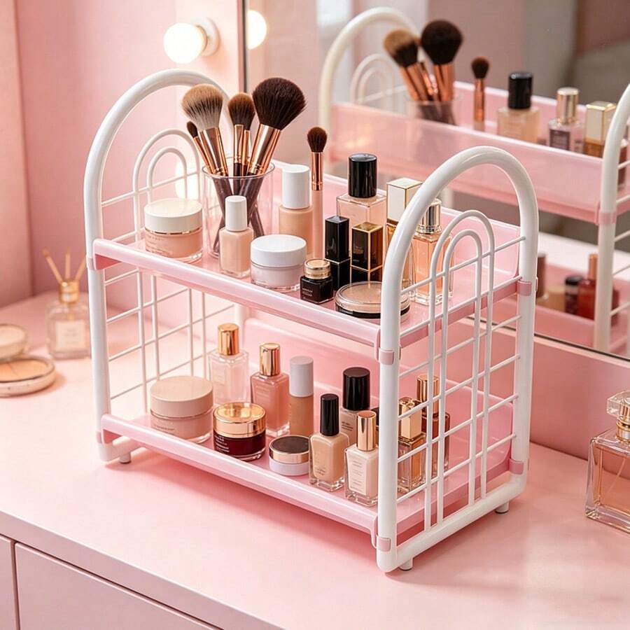 1pc Double Layer Minimalist Desktop Storage Rack Plastic Material Bedroom Cosmetics Organizer Compact Dorm Desk Shelf Multi-Purpose Storage Solution Home Office Decor Bedside Table Organizer Small Space Organization - Multicolor - View 1