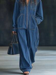 Autumn And Winter New European And American Hooded Overall JeanWomenAutumn And Winter New American High Street Pants Spring Wear Lazy Relaxed Feeling - Blue - View 5
