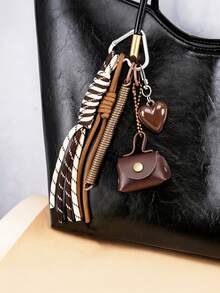 Vintage PU Mini Bag Keychain Bag Charm, Heart Pendant With Multi‑Style Braided Rope Tassel, Car Keychain, Aesthetic Bag Decoration, Gift For Women - Multicolor - View 1