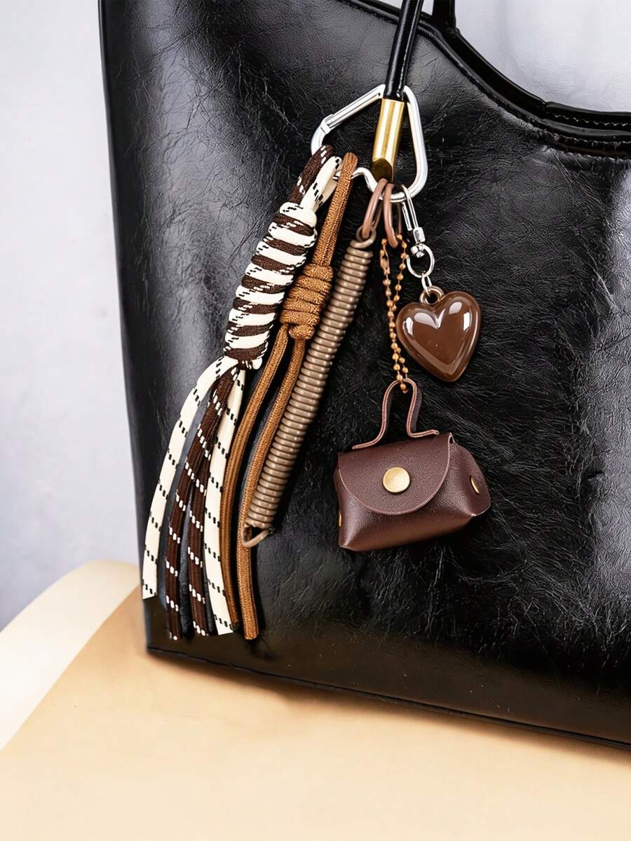 Vintage PU Mini Bag Keychain Bag Charm, Heart Pendant With Multi‑Style Braided Rope Tassel, Car Keychain, Aesthetic Bag Decoration, Gift For Women - Multicolor - View 1