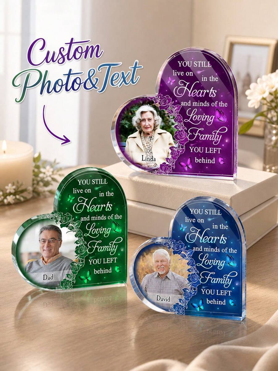 1pc Custom Heart‑Shaped Acrylic Photo Memorial Plaque, Personalized Photo And Text Remembrance Keepsake, Butterfly Floral Bereavement Sympathy Desktop Condolence Gift For Loss Of Loved One - Multicolor - View 1