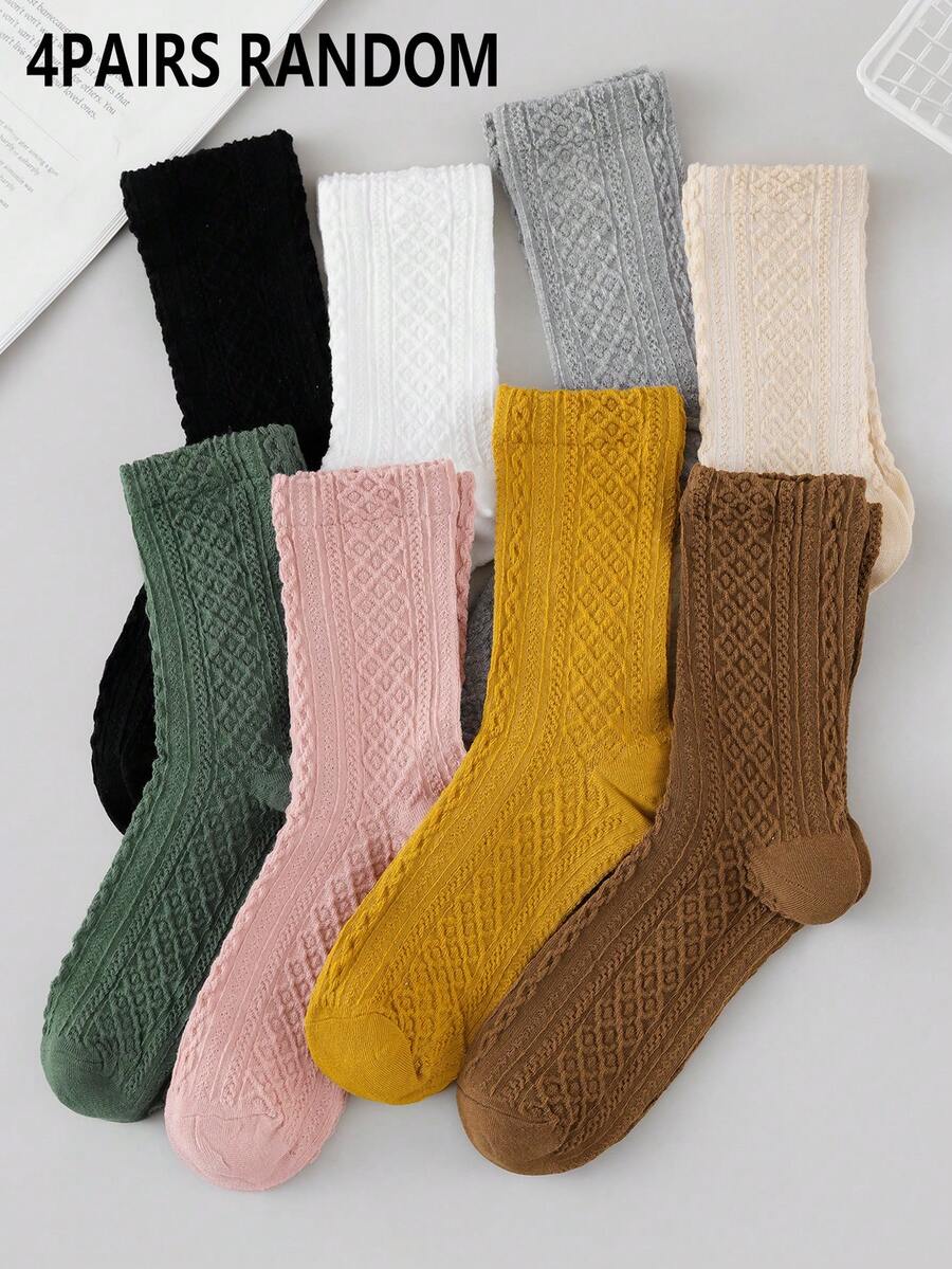 Random 4 Pairs Women's Mid-Crew Socks - Solid Cable Knit Plain Cuff Slouchy - Versatile For Casual Everyday Wear - Multicolor - View 1