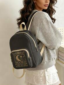 1PC Kitten‑Print Women Mini Backpack, Corduroy Girl School Bag, Travel Storage Bag, Large Capacity Foldable Lightweight Backpack, Multi‑Pocket Layered Design With Zipper Closure - Moon Kitten 22485 - View 2