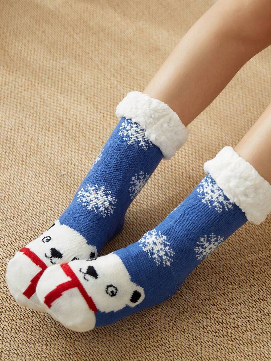 1 Pair Women's Fuzzy Socks, Thick Fleece Mid-Calf Socks, Christmas Gift For Women In Autumn And Winter - Blue - View 1
