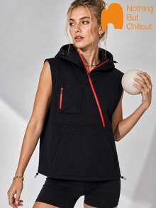 NBCT Women's Patchwork Hooded Sleeveless Vest With Kangaroo Pocket, Outdoor Casual Sports Utility Jacket - Black - View 1