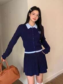 College Style Contrast Color Polo Collar Cable Knit Single-Breasted Embroidered Cardigan Top - Navy Blue - View 2