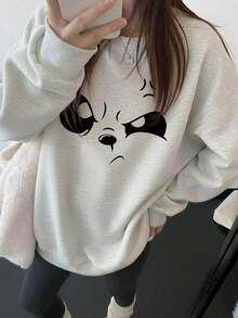 Japanese Style Healing Cartoon Angry Cat Print Crew Neck Sweatshirt, Simple All-Match Loose Fit Versatile Autumn/Winter Sweatshirt - Light Grey - View 1