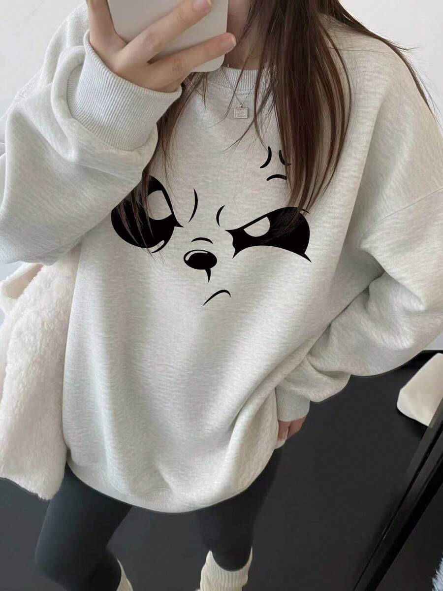 Japanese Style Healing Cartoon Angry Cat Print Crew Neck Sweatshirt, Simple All-Match Loose Fit Versatile Autumn/Winter Sweatshirt - Light Grey - View 1
