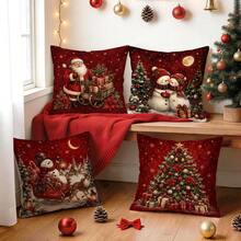 4pcs/1pc Sarung Bantal Motif Natal Vintage Latar Belakang Merah Tanpa Isian, Sarung Bantal Cetak Satu Sisi, Cocok untuk Dekorasi Rumah Ruang Tamu dan Kamar Tidur, Sarung Bantal Sepanjang Musim - MultiWarna - View 9