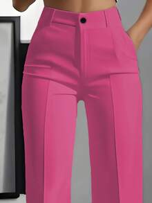Pantalones casuales de mujer con bolsillos y cierre de botones, versátiles para uso diario - Rosa Roja - 1 - Ver 2