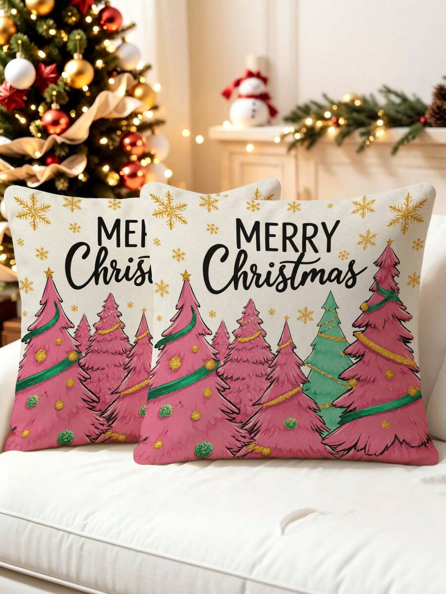 1/2/4Pcs Merry Christmas Pink Tree Pillow Cover, Gold Snowflake Vintage Farmhouse Cushion Case, Colorful Xmas Holiday Sofa Throw Pillowcase (No Insert) - Multicolor - View 1