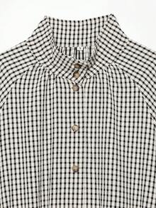 Women's Long Sleeve Stand Collar Adjustable Drawstring Hem Plaid Lightweight Jacket - Black and White - View 6