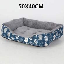 1pc Cozy Warm Plush Pet Bed, Blue Cartoon Pattern Pet Sofa Cushion For Cats Small Dogs, Durable Polyester Easy‑Clean Indoor Pet Nest - Multicolor - View 7