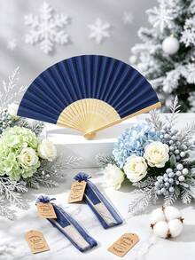 Handmade Paper Folding Fan With Gift Bag And Thank You Card, Bamboo Handheld Folding Fan, Home DIY Office Decor, Wedding Party Baby Shower Party Gift Accessory (Navy Blue) - Navy - View 3