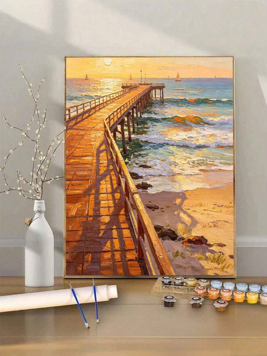 1pc Seaside Pier DIY Oil Painting By Numbers, Canvas Painting DIY Crafts, Adult Home Decoration, Holiday Gift.
