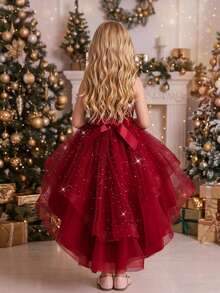 Young Girls Sleeveless Sequin Bow Mesh Tulle Train Puff Elegant Dress Suitable For Party, Headband Not Included - Burgundy - View 8