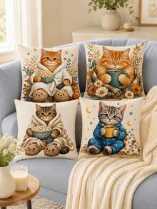4pcs Cute Kitten Throw Pillow Covers 18x18 Set Of 4, Colorful Floral Butterfly Cat Cushion Covers For Couch Sofa Living Room Decor (Without Insert) - Multicolor - View 3