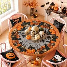 1pc Halloween Pattern Printed Round Tablecloth, Daily Tablecloth, Table Cover With Elastic Edge, Soft Wrinkle-Resistant, Waterproof Oil-Resistant Scratch-Resistant, Suitable For Round Dining Table, Outdoor Restaurant Decoration And Outdoor Party, Kitchen, Baking, Outdoor Decor, Outdoor Patio, Breakfast, Brunch And Party Decoration - Multicolor - View 2