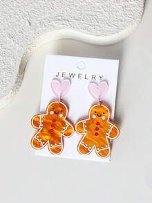 Anting Gantung Akrilik Bentuk Manusia Kue Jahe Natal dengan Motif Riak Air dan Hati Cokelat, Hadiah Elegan, Imut, Minimalis, dan Serbaguna - Coklat - View 2