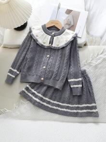 bearleader Girls 2pcs Winter Knit Set, Floral Large Collar Button-Up Sweater With Grey Skirt - Grey - View 3