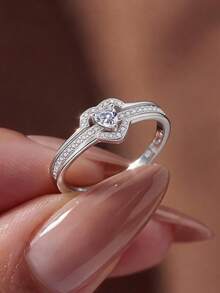 925 Silver Plated Platinum Cubic Zirconia Heart Ring, Hollow Heart Design, Fashionable Luxury Ring, Valentine's Day Gift - White - View 1