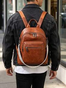 Men's Vintage Solid Color PU Backpack, Multi-Zipper Casual Daily Use Backpack, With Detachable Woven Shoulder Strap, Large Capacity Travel Work Backpack - Brown - View 4