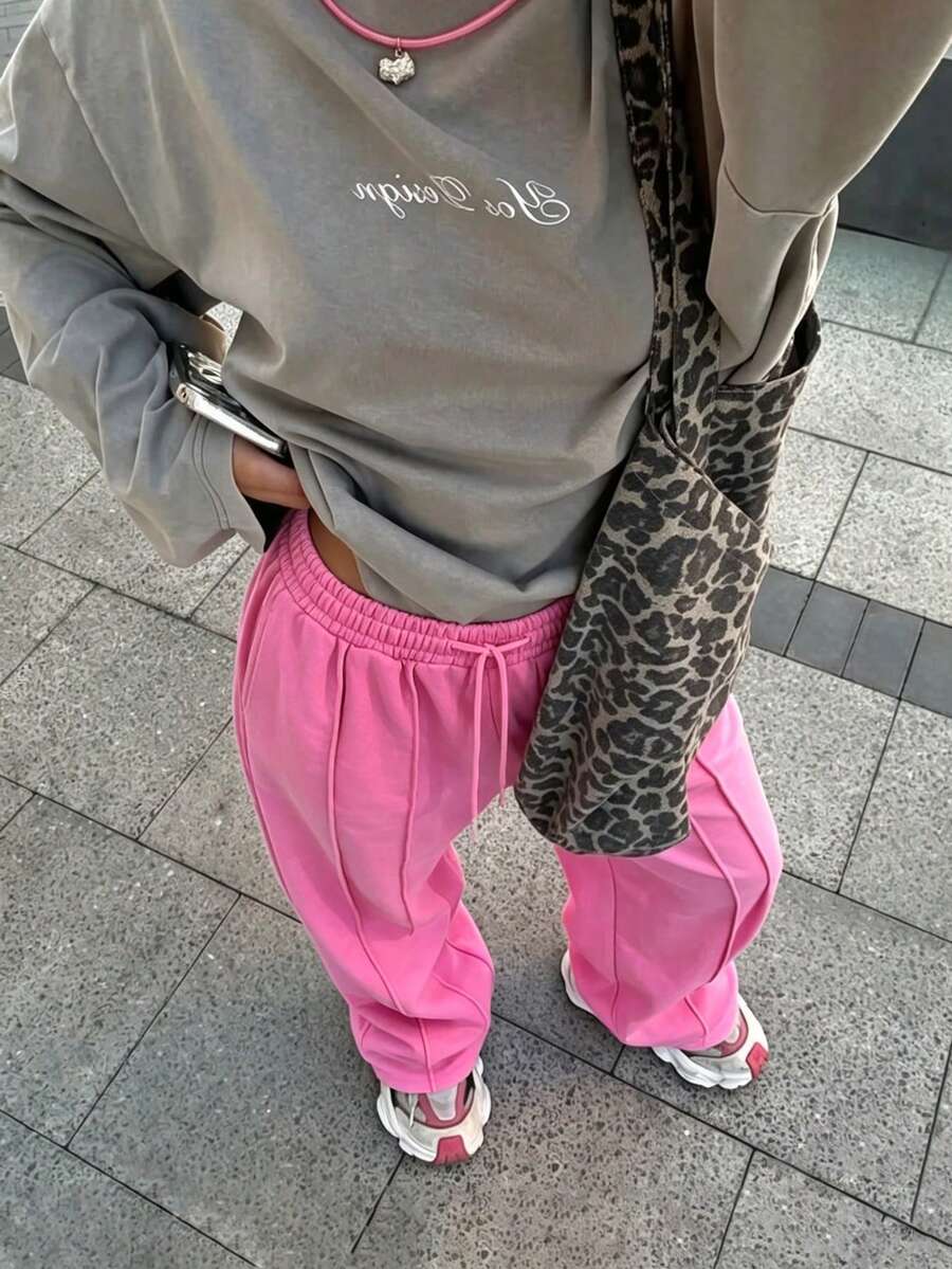 2026 & Athleisure 女款洋紅色寬腿運動長褲，抽繩腰頭，側邊口袋，秋季街頭風，Y2K