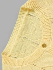 DONICY Women's Pale Yellow Hollow Crew Neck Single Button Cropped Knit Cardigan, Long Sleeve Thin Layering Sweater For Fall Winter Daily Wear - Yellow - View 3
