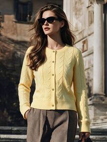 DONICY Women's Pale Yellow Hollow Crew Neck Single Button Cropped Knit Cardigan, Long Sleeve Thin Layering Sweater For Fall Winter Daily Wear - Yellow - View 1