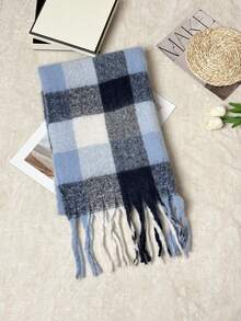 1pc Black & Grey Plaid Women's Scarf, Rectangular Tassel Scarf Suitable For Autumn/Winter Daily Use - Dogtail Navy Blue and White Plaid - View 4