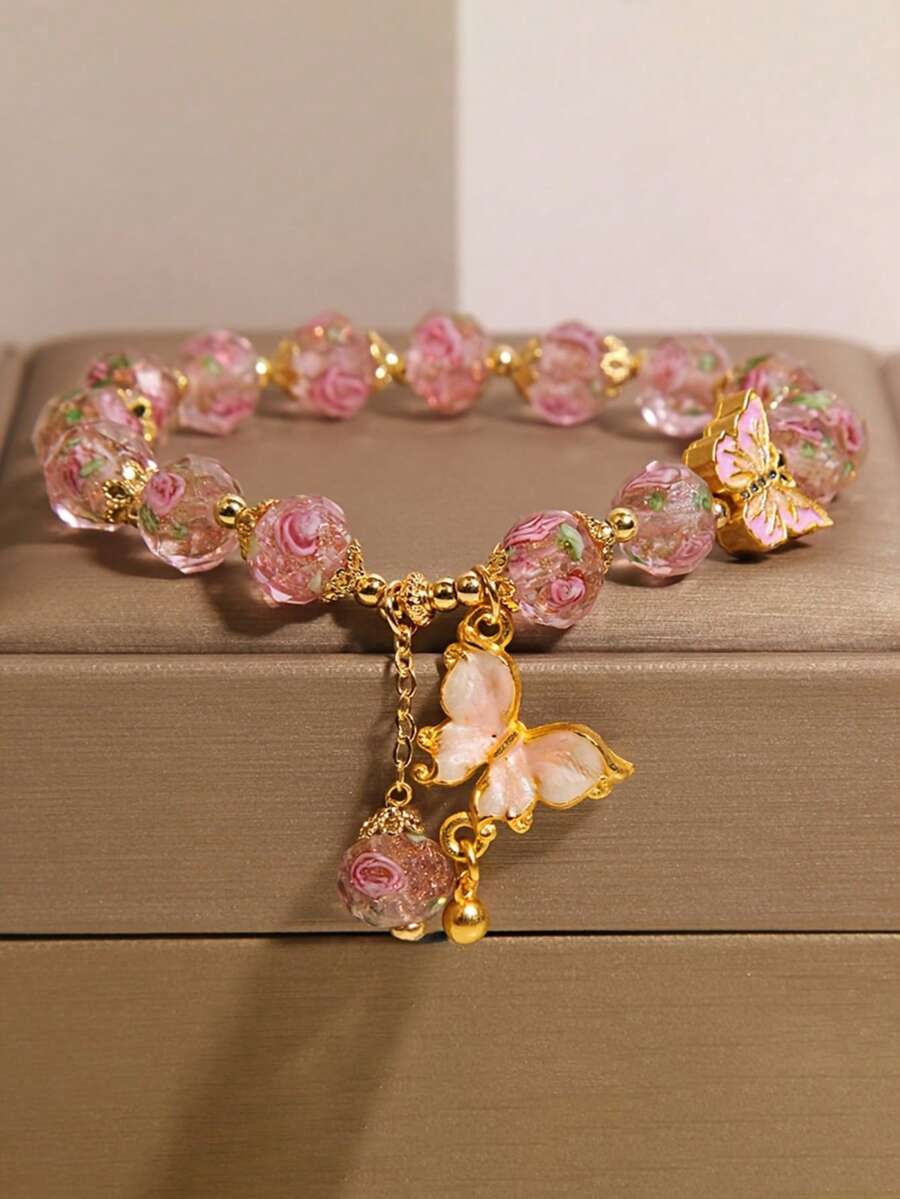 Bohemian Pink Rose Beaded Bracelet Friendly Jewelry, Suitable For Daily Wear And Valentine's Day Gifting - Pink - View 1