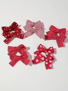 5pcs/Set Girls Baby Autumn/Winter Black Plush Rhinestone Bow Plush Hair Clips Snap Clips Alligator Hair Clips Hair Accessories For Daily Use - Red - View 6