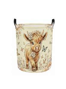 Cute Highland Cow Floral Print Laundry Hamper, Collapsible Large‑Capacity Storage Basket With Handles, Clothing Storage, Unisex, Daily Home & Dorm Essential - Multicolor - View 13