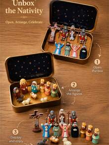 3D Printed Christmas Nativity Scene Set, Gold Tin Box Mini Holy Family Figurines, Exquisite Desktop Decor Ornament, Suitable For Christmas Home, Office, Bookshelf, Create Warm Holiday Atmosphere, Christmas Gift - Multiple Styles - View 7
