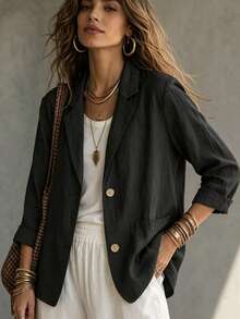 Women's Black Minimalist Casual 3/4 Sleeve Small Suit Jacket, Retro Double-Breasted Versatile Office Wear Fall - Black - View 3