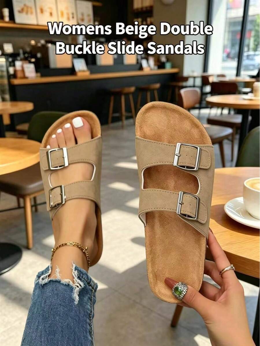 Women's Cork Thick Sole Double Buckle Slippers
