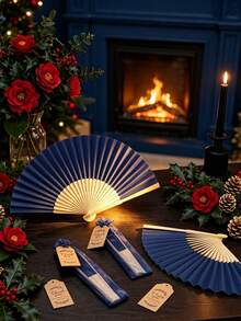 Handmade Paper Folding Fan With Gift Bag And Thank You Card, Bamboo Handheld Folding Fan, Home DIY Office Decor, Wedding Party Baby Shower Party Gift Accessory (Navy Blue) - Navy - View 2