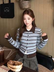 Women's Loose Vintage Contrast Color Striped Knit Cardigan Sweater, Button-Up Soft Cozy Outerwear Top, Autumn/Winter - Light Sky Blue - View 4