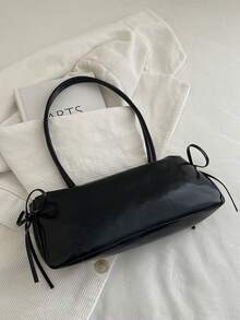 Tas Bahu Kecil Wanita yang Mengkilap, Modis, dan Serbaguna dengan Pita, Ringan, Minimalis, Warna Polos, Tas Ketiak dengan Detail Kerut, Cocok untuk Penggunaan Sehari-hari, Kasual, Perjalanan, Kerja, Liburan, dan Pelajar - Hitam - View 6