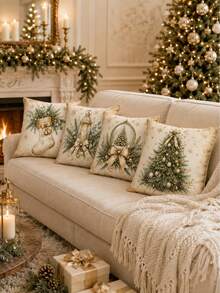 4pcs Elegant Christmas Pillow Covers, Champagne Gold Christmas Tree, Lantern, Crystal Ball And Christmas Stocking Print, Suitable For Sofa Bedroom Holiday Home Decor, Pillow Insert Not Included - Multicolor - View 10