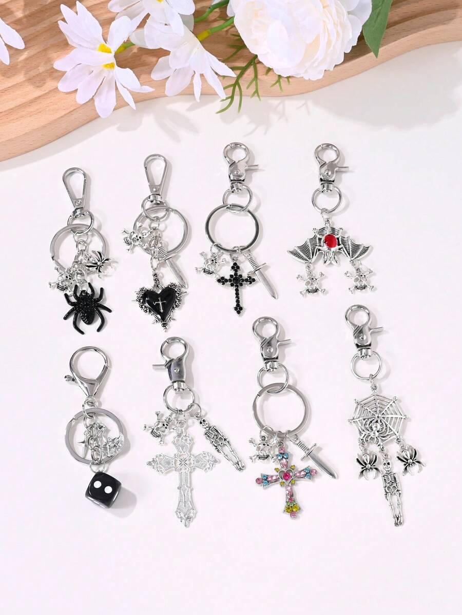 1pc Halloween Cross Heart Bat Skull Skeleton Spider Spider Web Star Dice Sword Backpack Charm Creative Gift - Multicolor - View 1