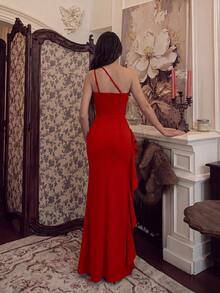 ADYCE Elegant One-Shoulder High-Waist Ruffle High-Slit Floor-Length Party Dress, Suitable For Prom, Birthday Party, Evening Date, Homecoming Dance And New Year - Red - View 6
