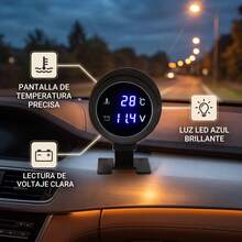 Digital Temperature Gauge And Car Voltmeter With Sensor, Round LED Voltmeter With Blue Light, Easy Installation And High Precision For Car, Motorcycle, ATV - Black - View 6