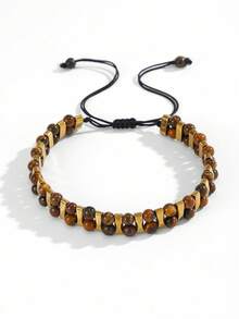 1pc Men's Tiger Eye & Black Onyx Beaded Woven Bracelet, Adjustable, Suitable For Daily Wear, Outings, Matching Accessories, Gift - Multicolor - View 7